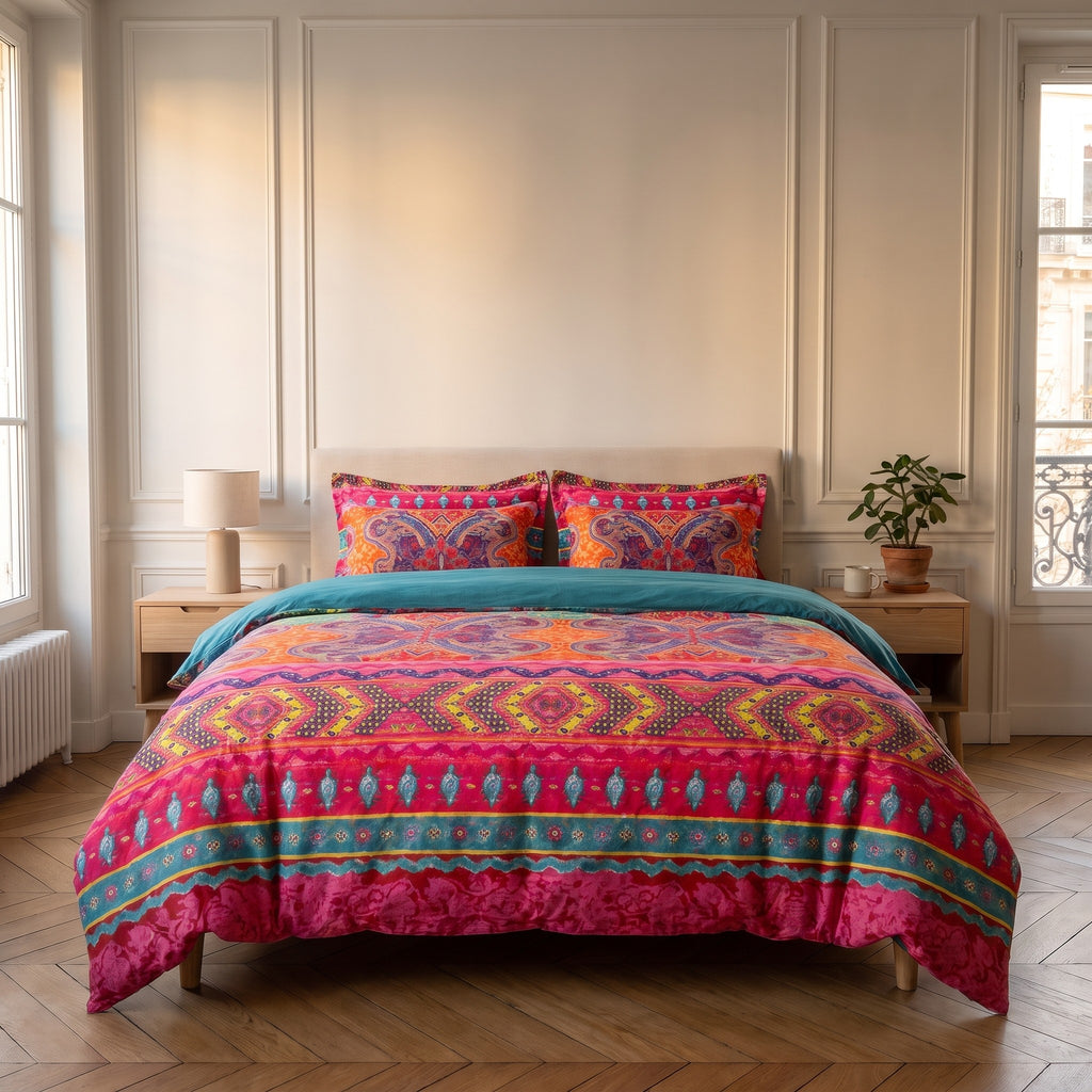 Le lit vu de face au pied, la housse de couette boheme doux qui pend a la meme hauteur le long des deux flancs du matelas