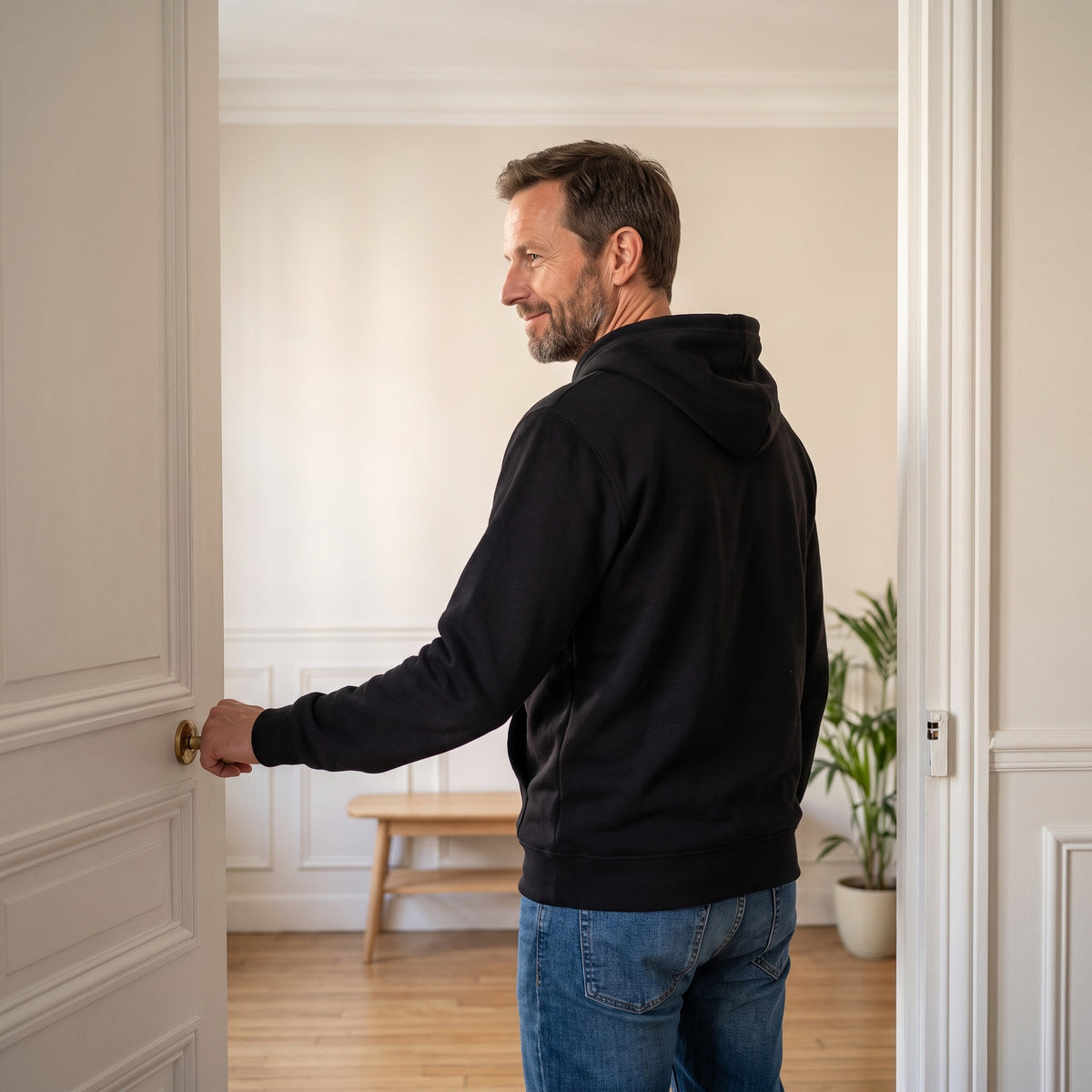 Sweat à capuche noir porté sur un jean, dans une entrée Image