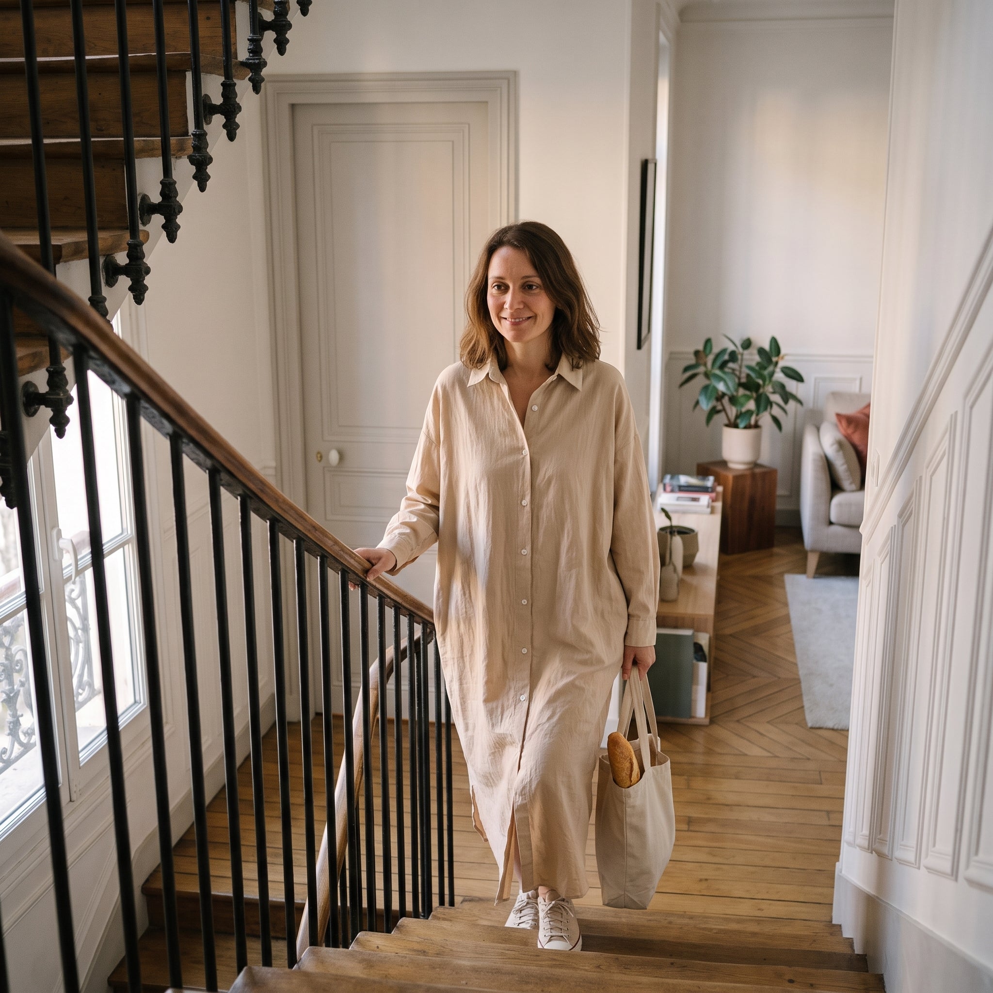 Femme en robe chemise beige et baskets, un cabas à la main, sur son palier Image