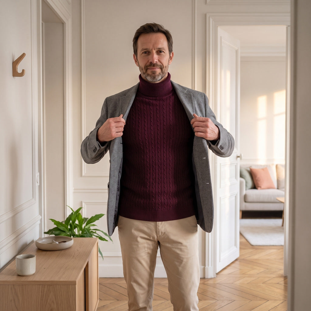 Un homme enfile une veste grise ouverte par-dessus le pull bordeaux : le col roulé et le devant du pull restent visibles