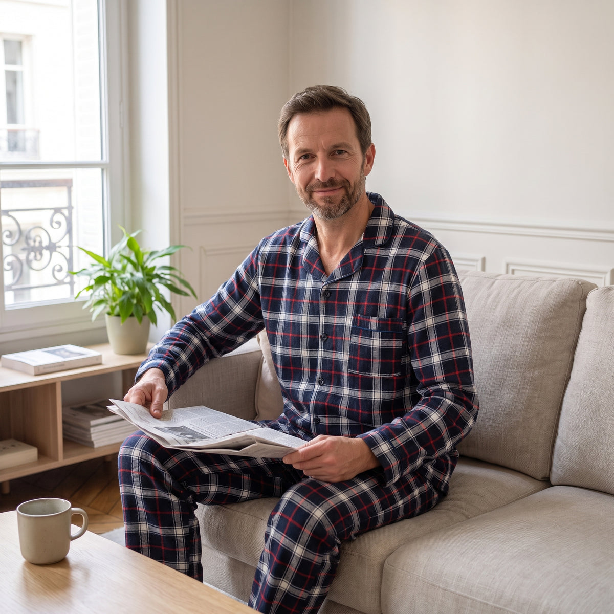 Homme en pyjama à carreaux, un journal à la main, un dimanche matin Image