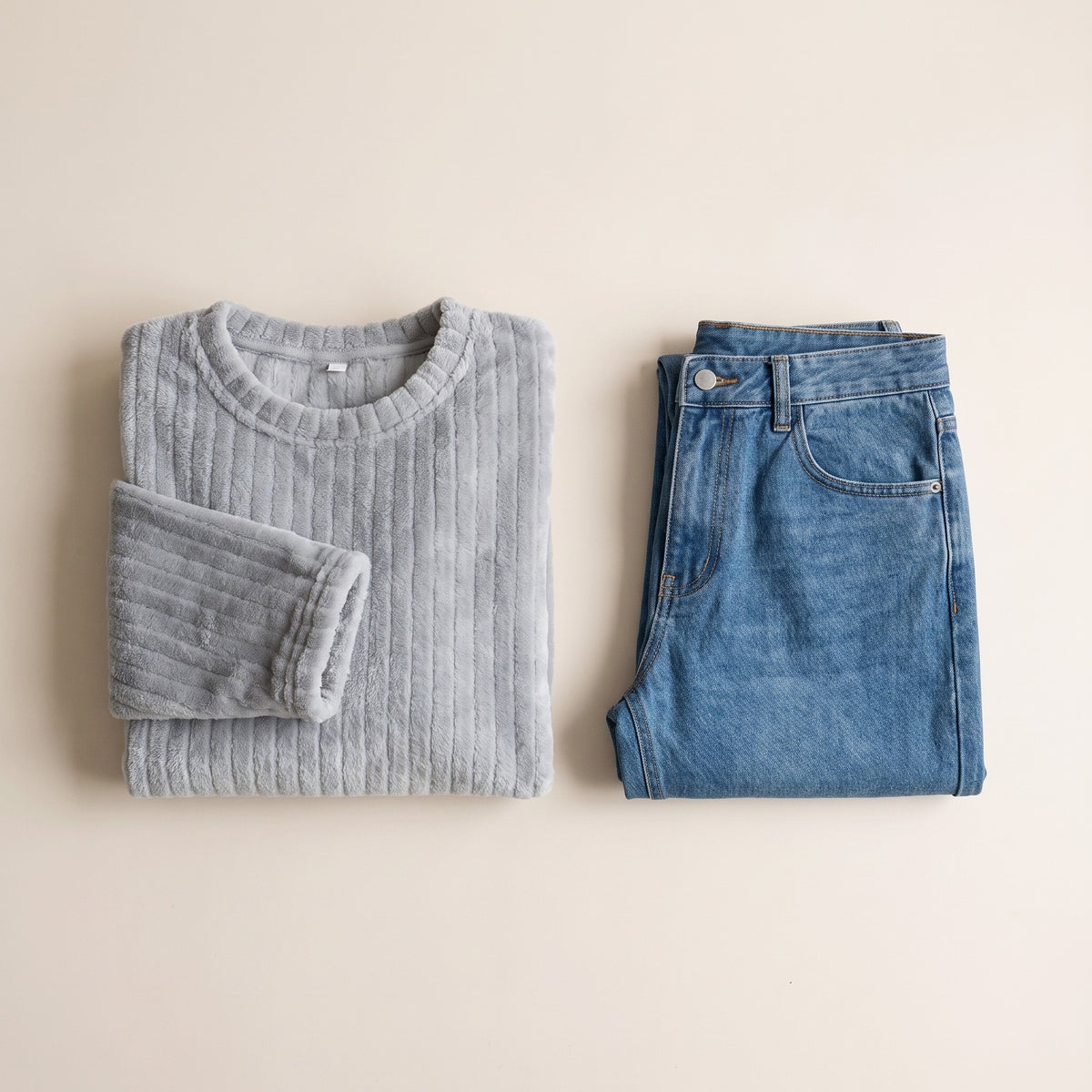 Le haut du pyjama en velours côtelé posé à plat à côté d'un jean plié Image
