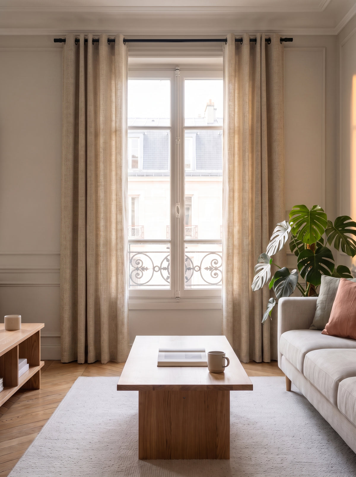 Le même rideau beige ouvert, ramassé de chaque côté de la fenêtre, plis serrés jusqu'au sol