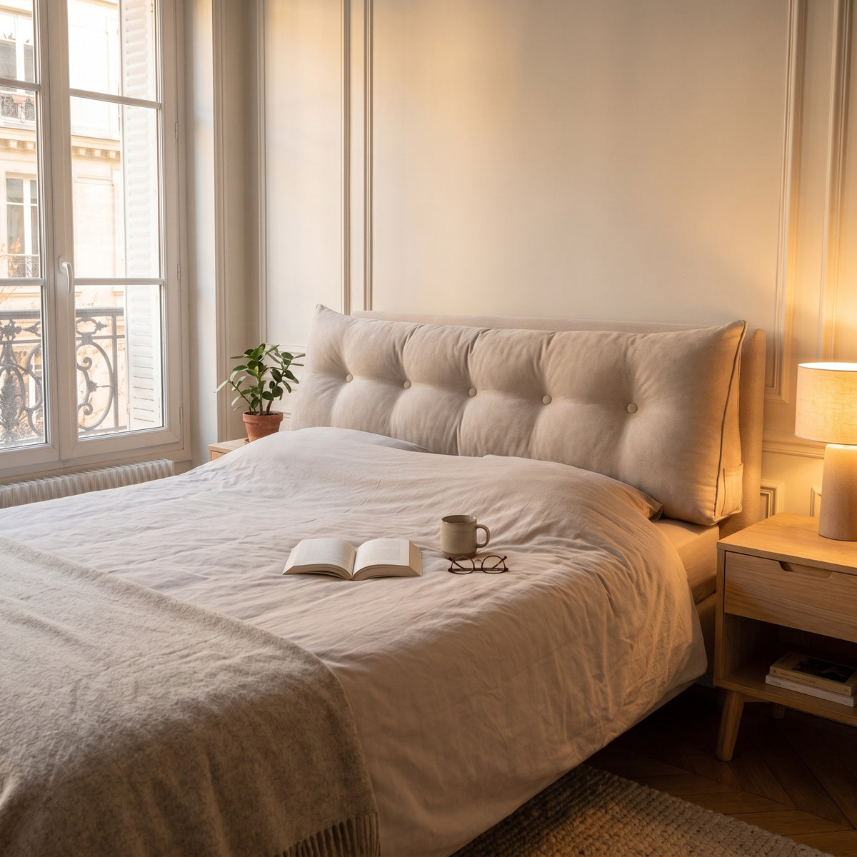 Coussin de chevet triangulaire beige adossé à la tête de lit, un livre ouvert et une tasse posés sur la couette devant lui