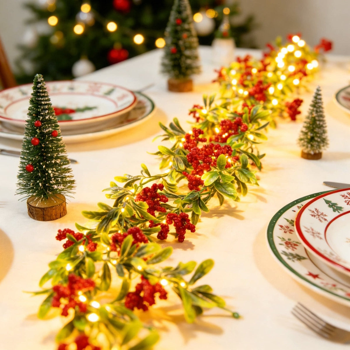 Guirlande lumineuse à baies rouges et feuillage vert posée sur une table de fête