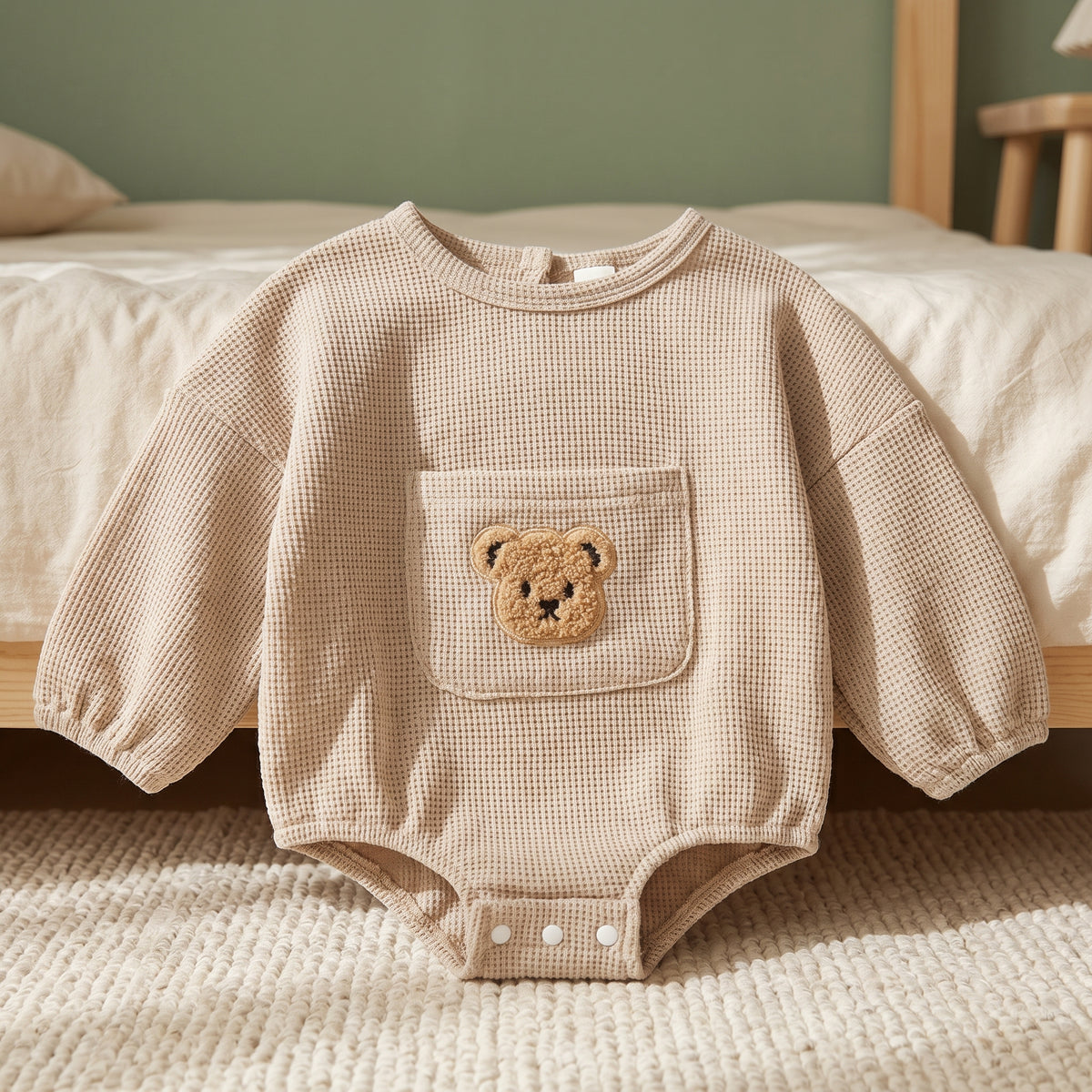 Barboteuse bébé beige en maille gaufrée, tête d'ourson sur la poche de poitrine, posée sur un lit