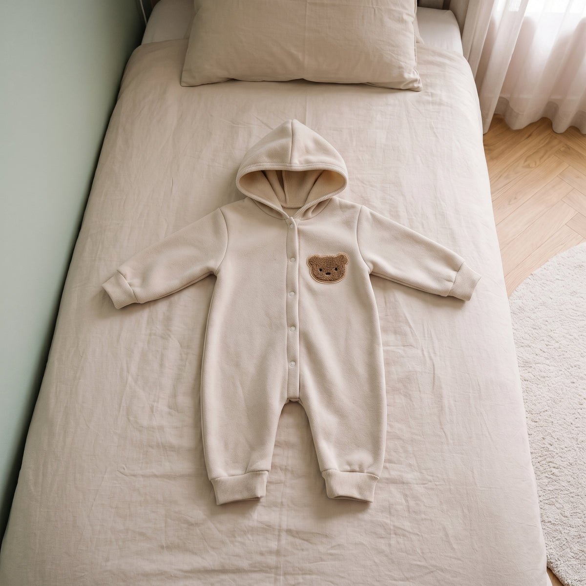 Barboteuse bébé beige à capuche avec écusson ourson, posée à plat sur un lit d'enfant aux draps écrus