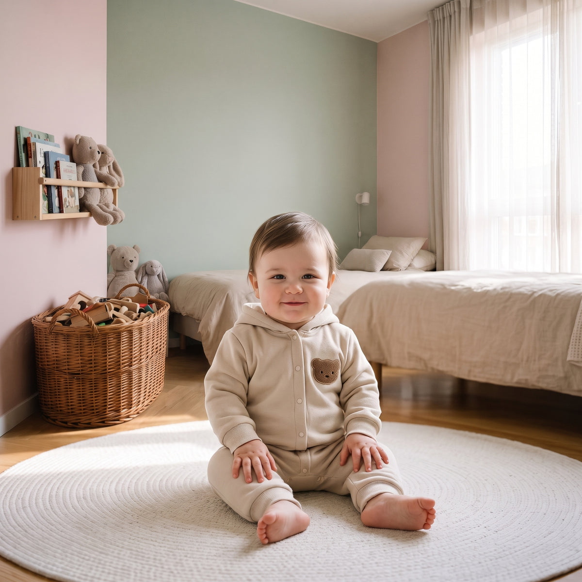 Barboteuse bébé beige à capuche et écusson ourson, portée par un bébé assis sur le tapis rond d'une chambre d'enfant