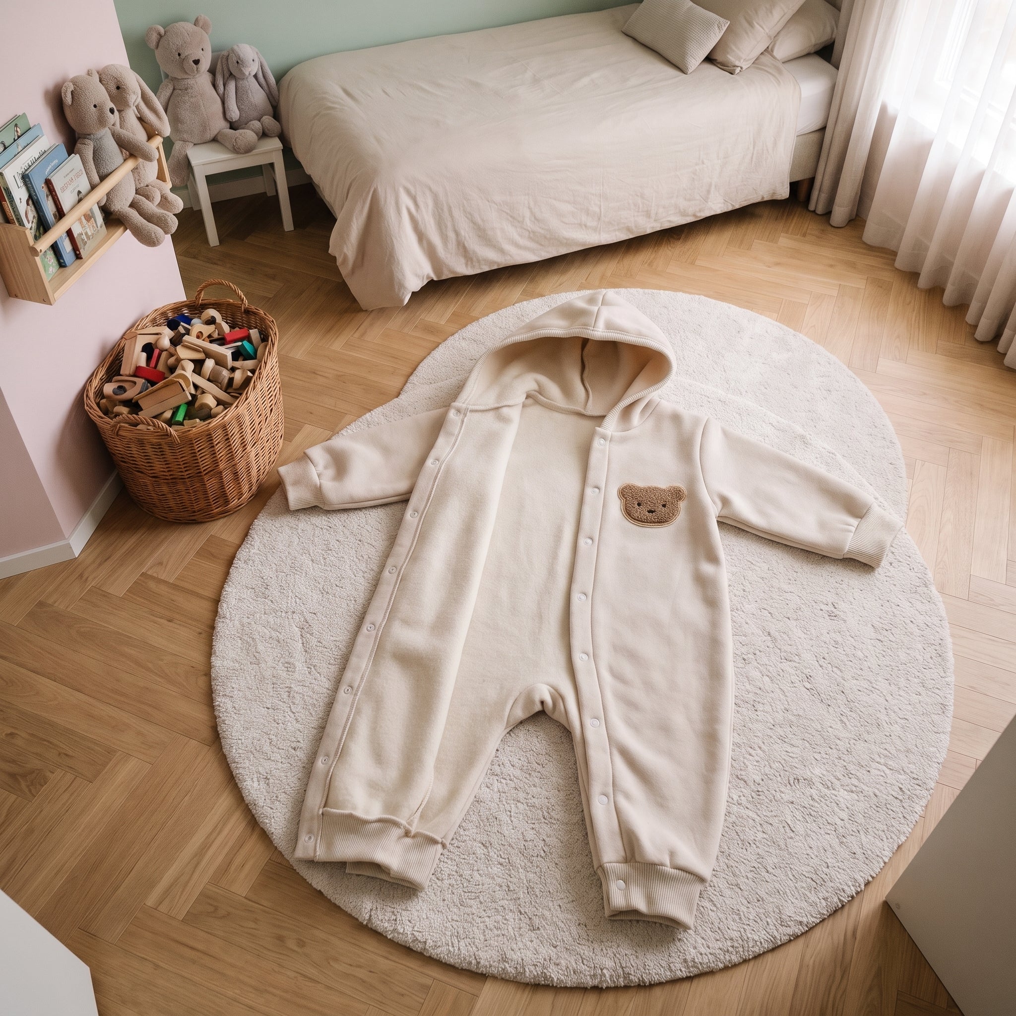 Barboteuse bébé beige ouverte et posée à plat sur un tapis rond crème, prête à être enfilée Image