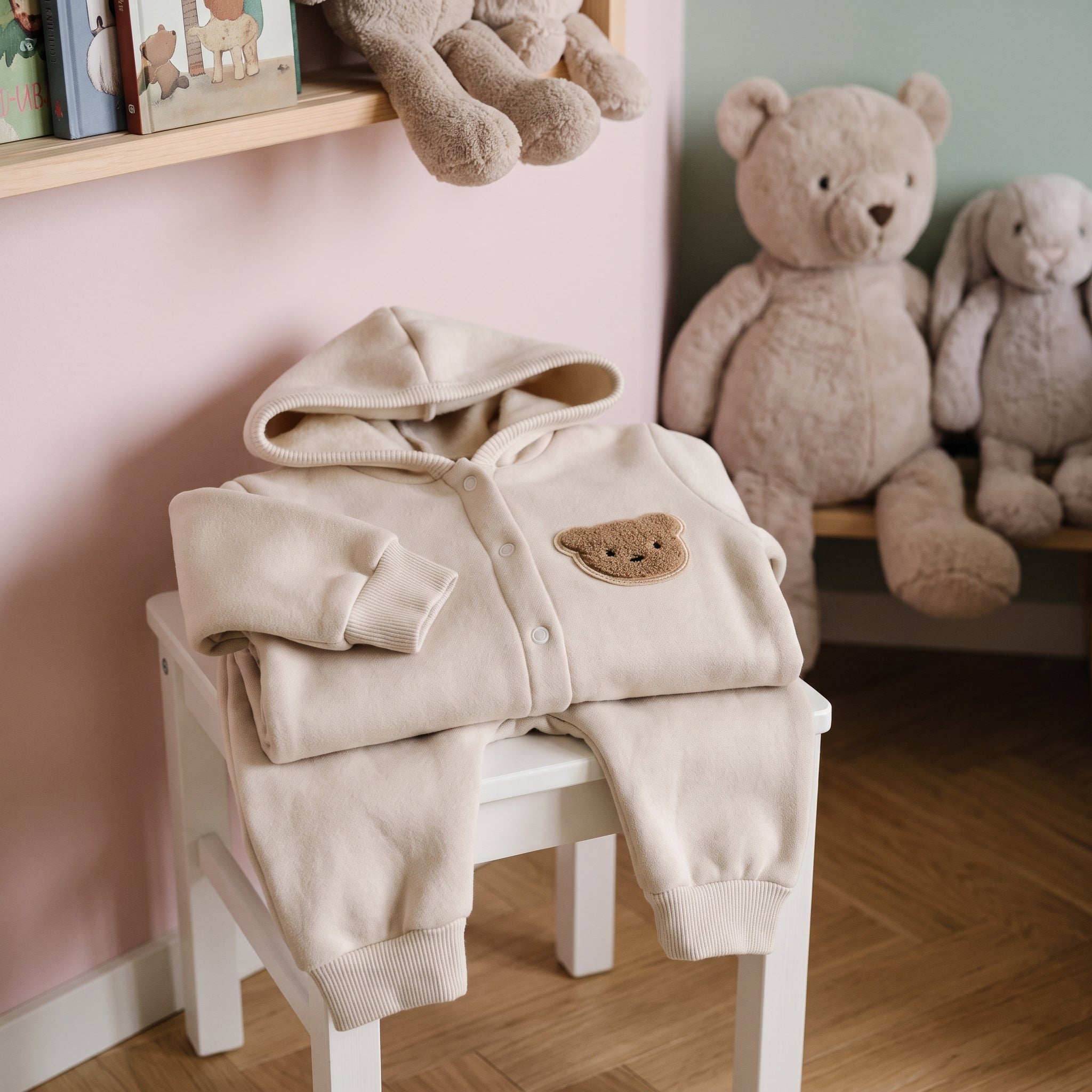 Barboteuse bébé beige posée près des oursons en peluche de l'étagère à livres d'une chambre d'enfant Image