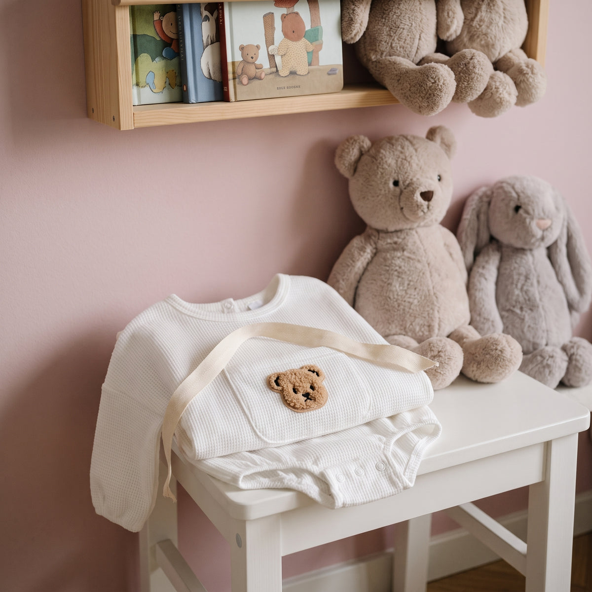 Barboteuse bébé blanche pliée et nouée d'un ruban, à côté de deux peluches Image