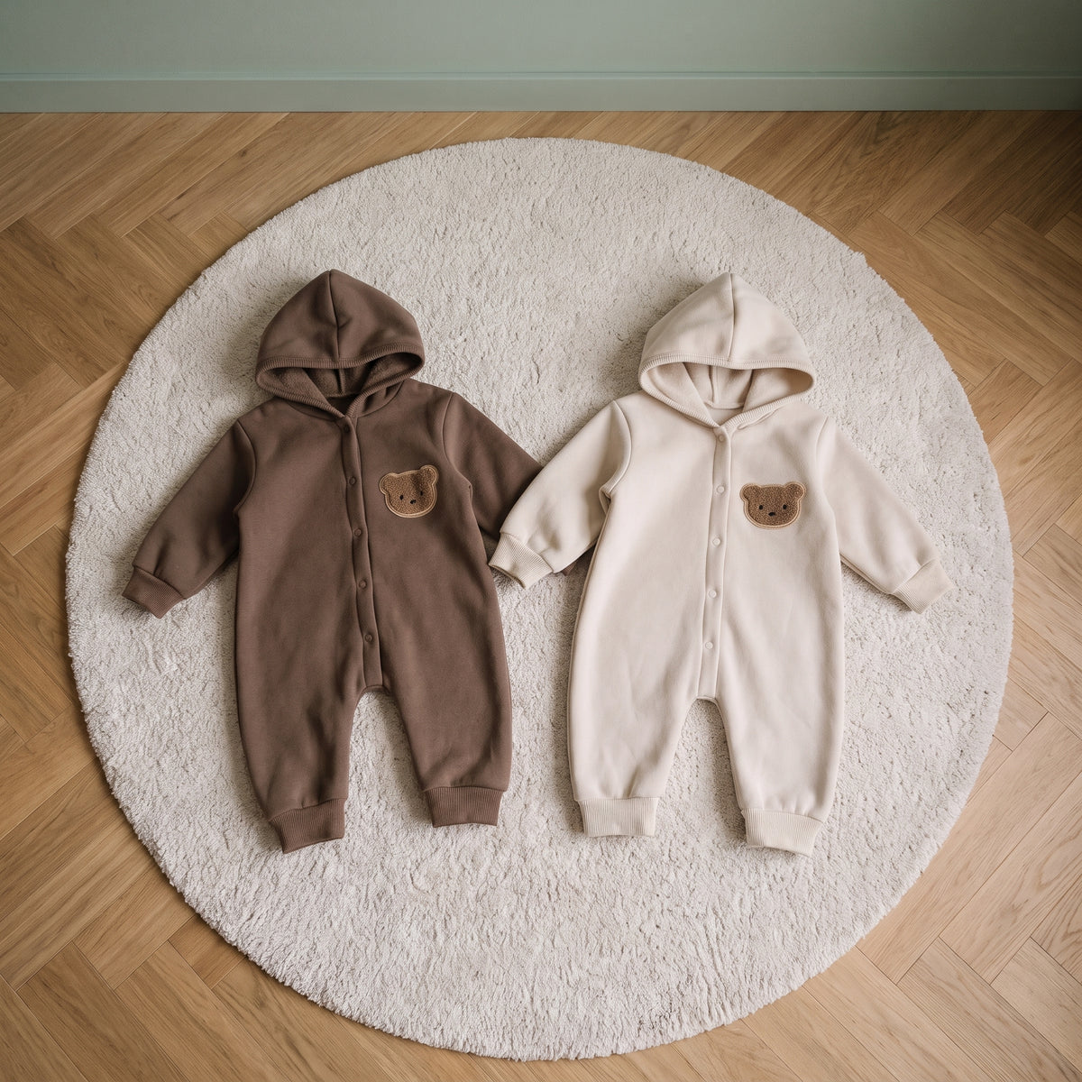 Barboteuses bébé beige et marron posées côte à côte sur le tapis rond d'une chambre d'enfant