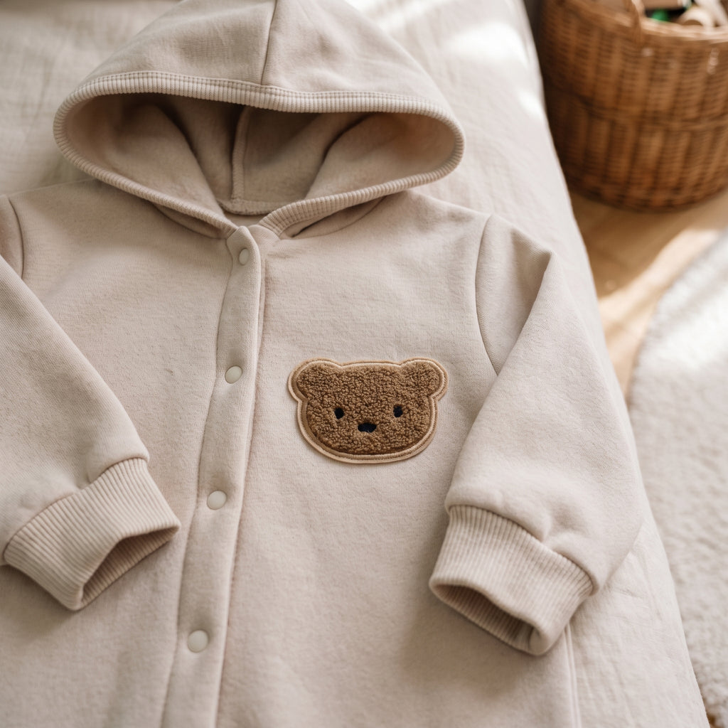 Détail de l'écusson tête d'ourson en bouclette et de la rangée de pressions sur la barboteuse bébé beige