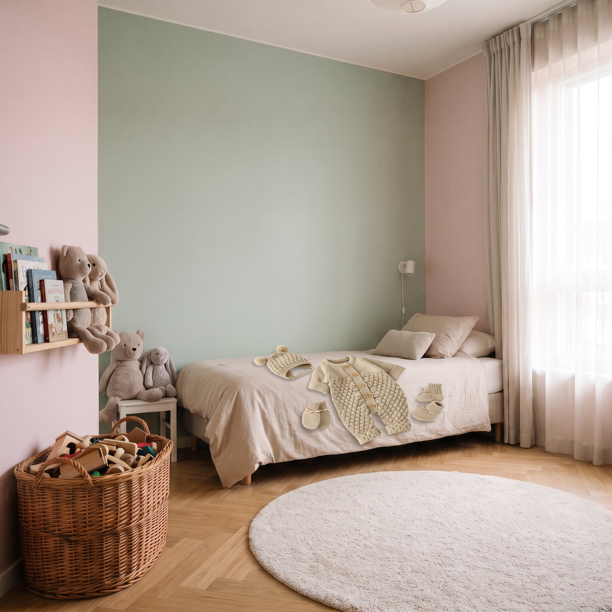 Barboteuse tricot beige et ses accessoires sur le lit Image