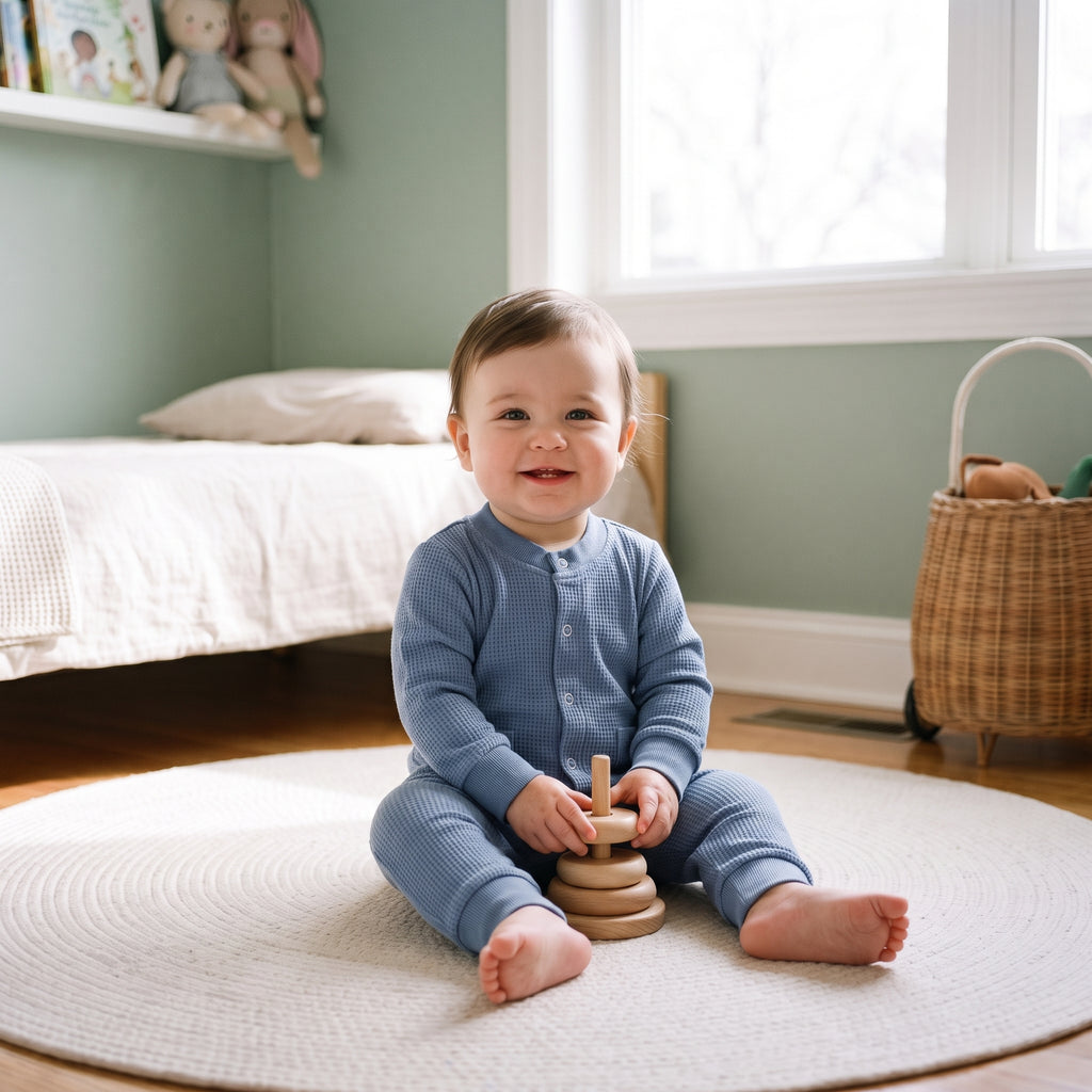 Bébé du casting jouant dans sa chambre avec la barboteuse bleue