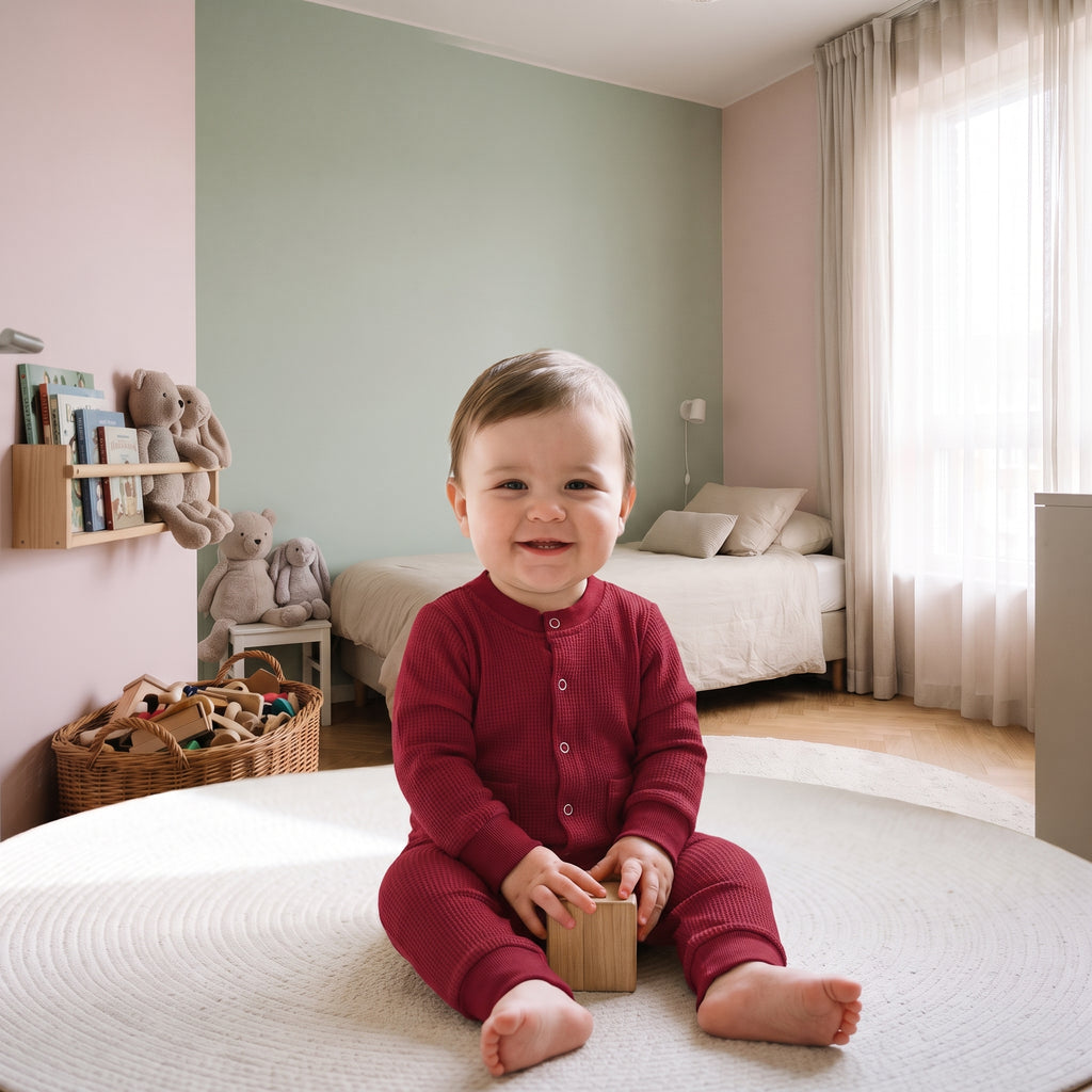 Bébé du casting portant la barboteuse rouge dans sa chambre
