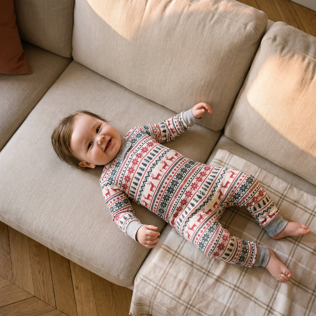Bébé allongé sur le canapé en combinaison de Noël blanche à motif nordique, modèle bébé