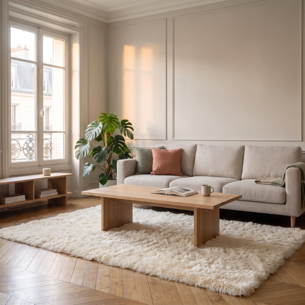 Tapis en fausse fourrure beige étendu dans un salon clair devant un canapé