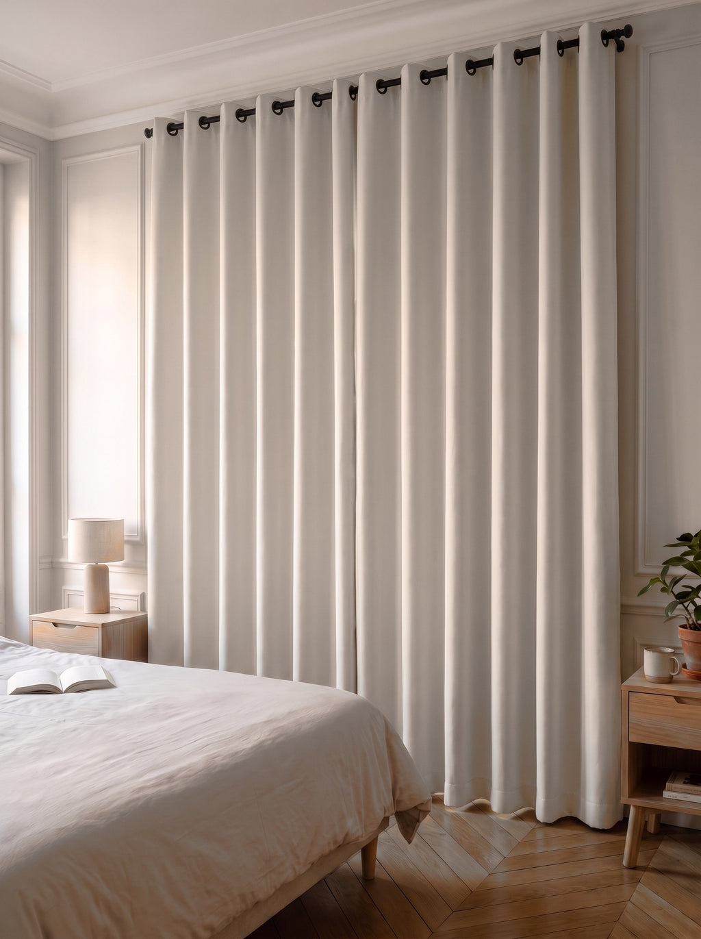 Rideau occultant uni beige tiré devant la fenêtre d'une chambre