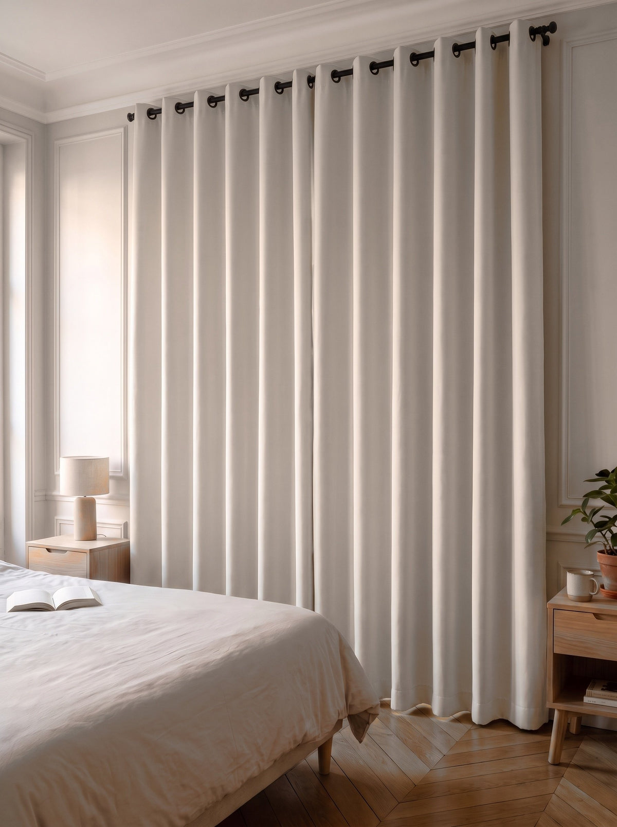 Rideau occultant uni beige tiré devant la fenêtre d'une chambre