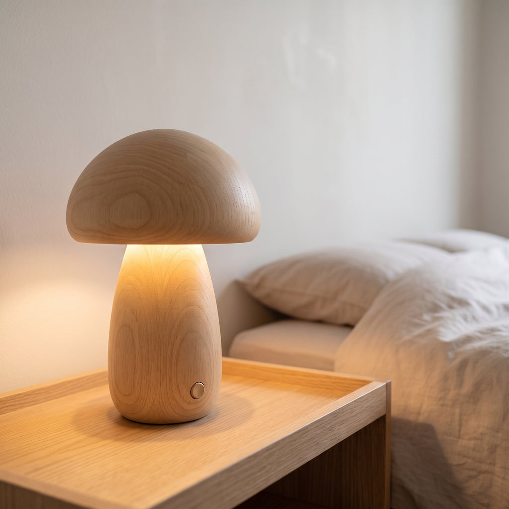 Lampe champignon en bois clair, grand modèle, allumée sur une table de chevet