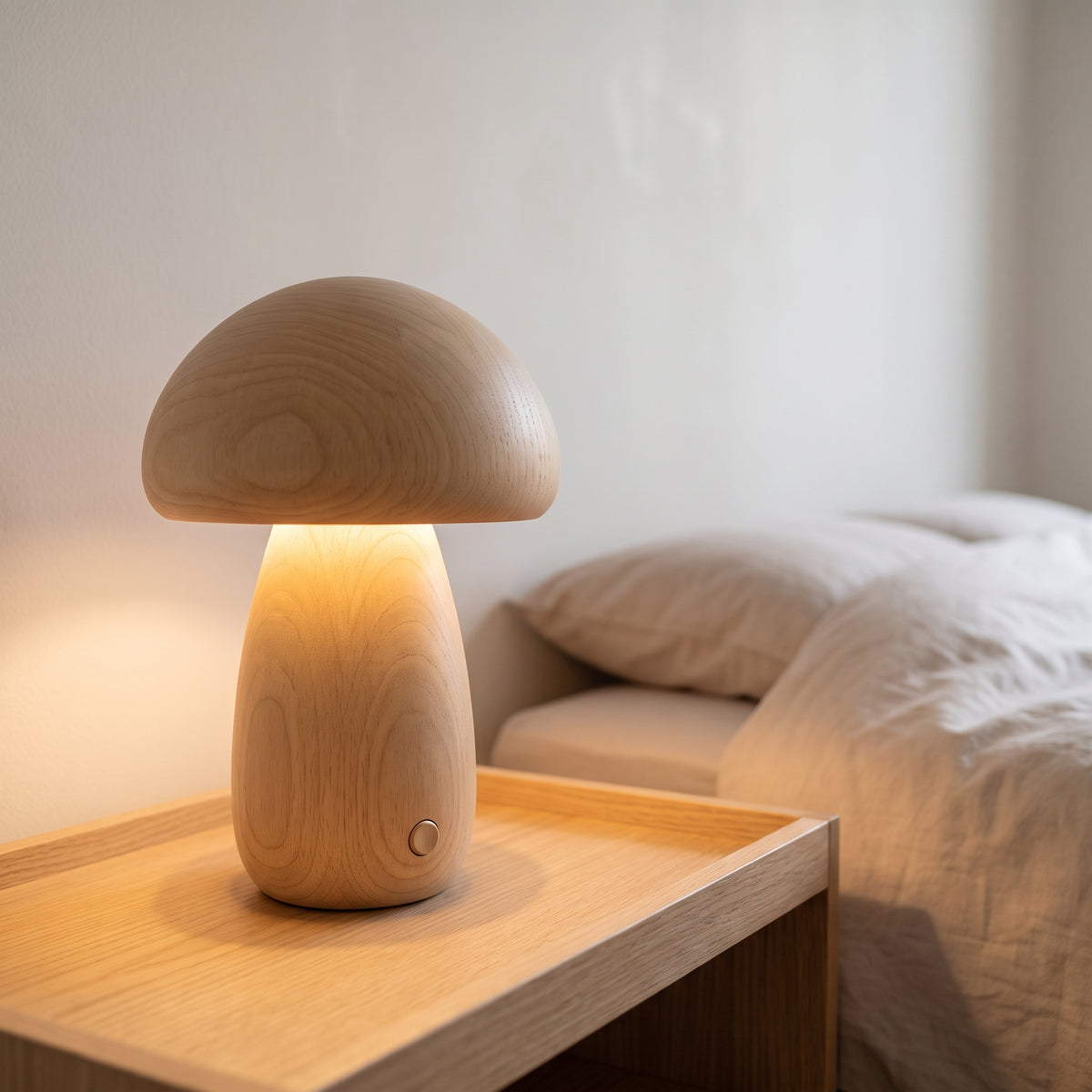 Lampe champignon en bois clair, grand modèle, allumée sur une table de chevet
