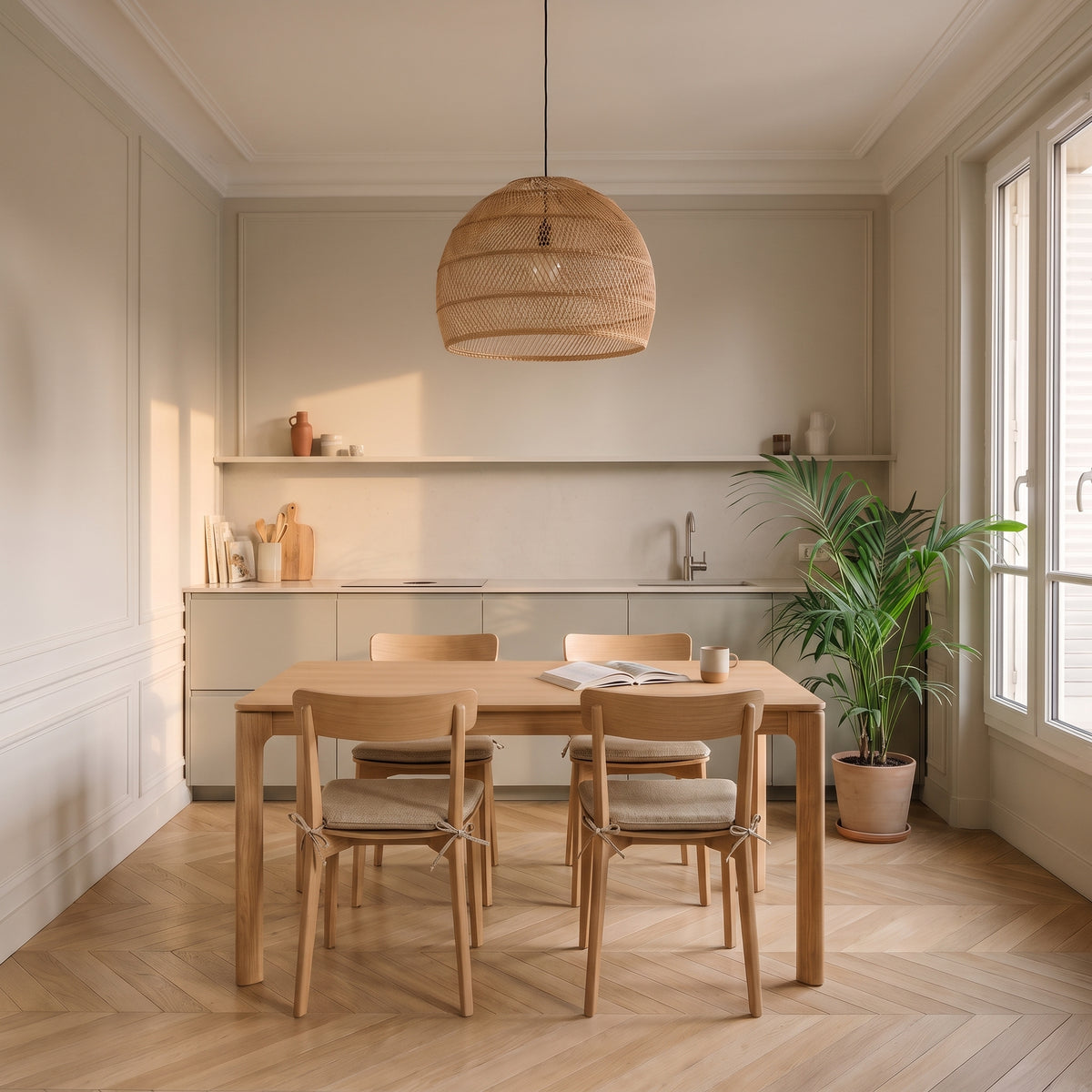 Lot de coussins de chaise beige installé autour d’une table en bois clair