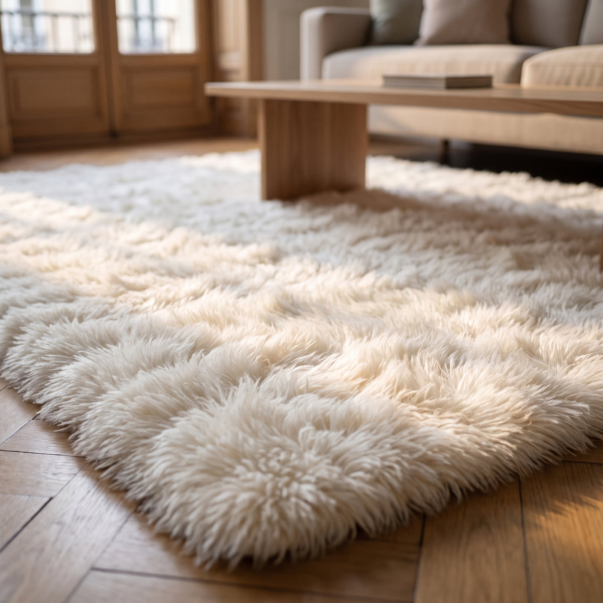 Gros plan sur le poil moelleux du tapis en fausse fourrure beige