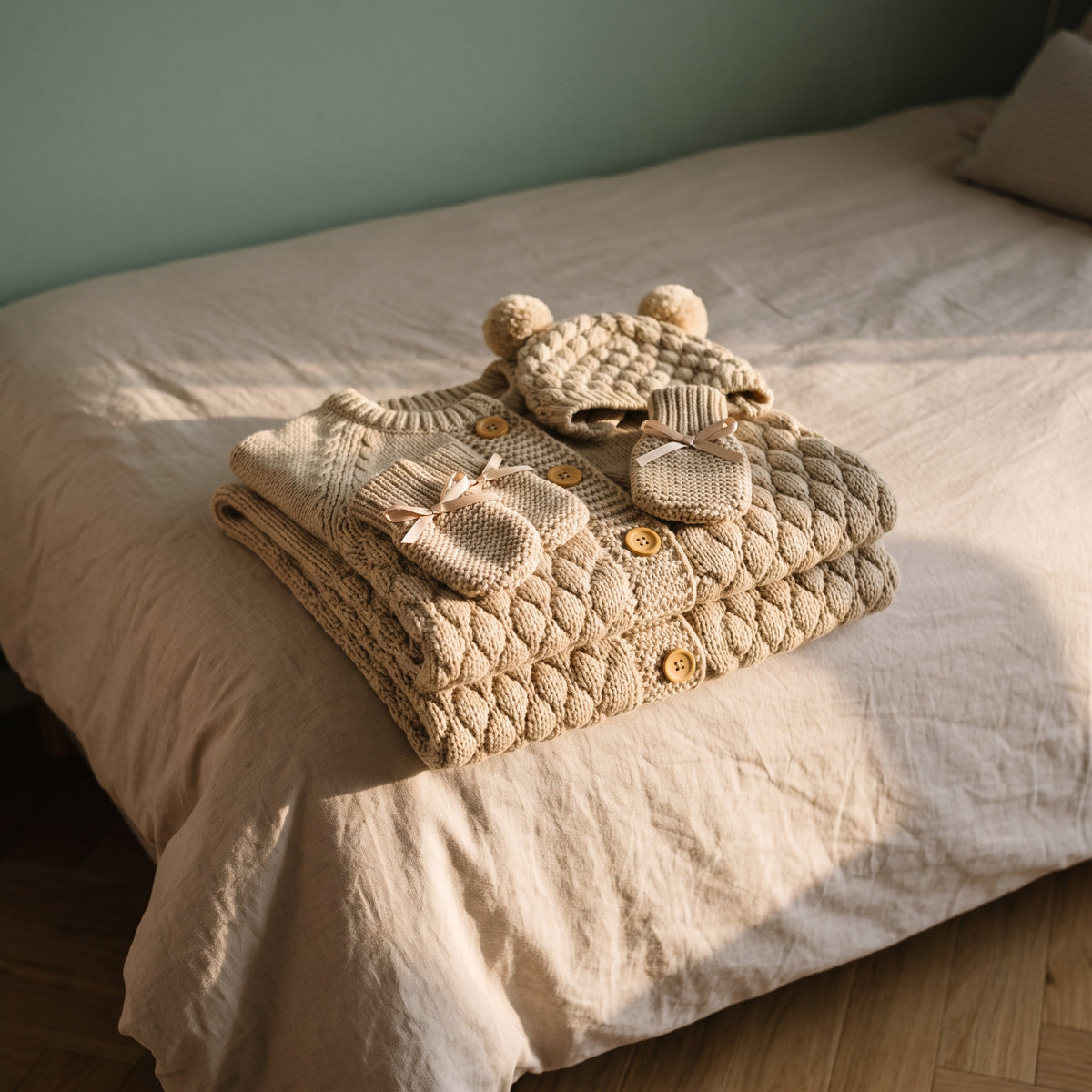 Gros plan sur le tricot nid d'abeille de la barboteuse beige