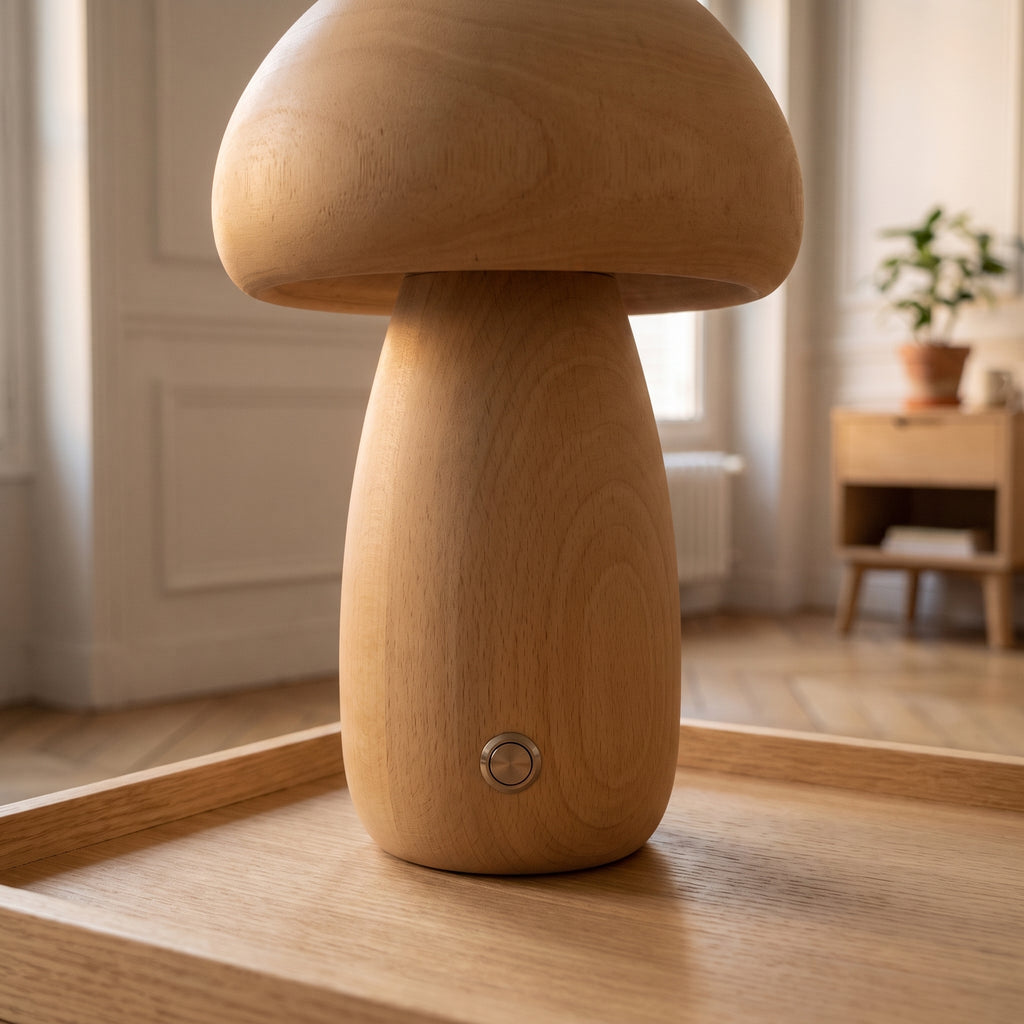 Pied galbé en bois clair du grand modèle de la lampe champignon et son bouton rond
