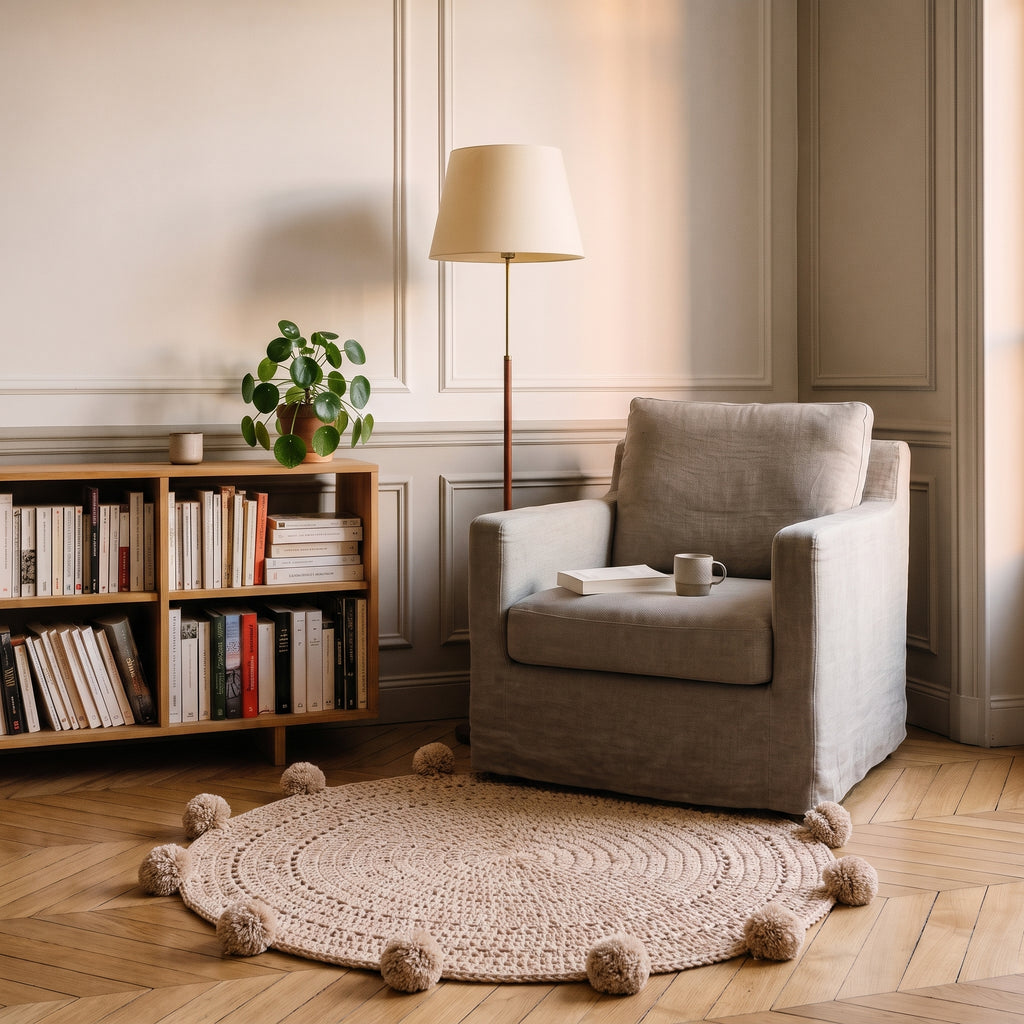 Tapis rond beige à pompons au pied d’un fauteuil dans un coin lecture