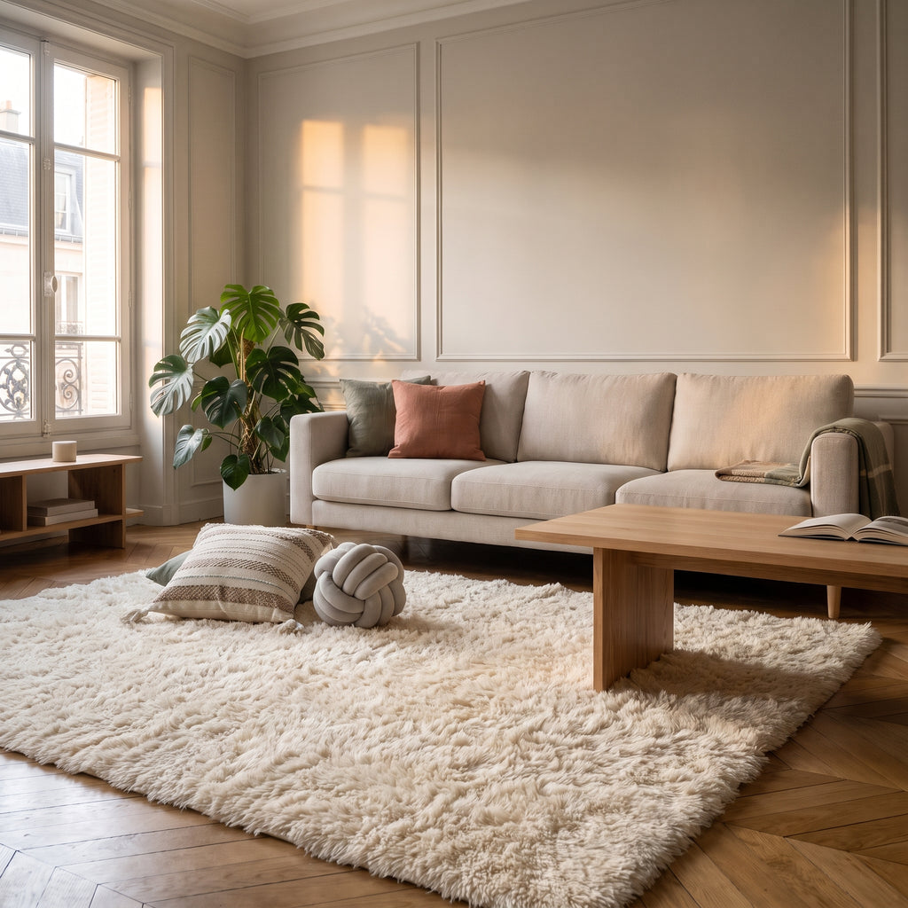 Tapis en fausse fourrure beige en perspective dans un salon, près du canapé et de la table basse