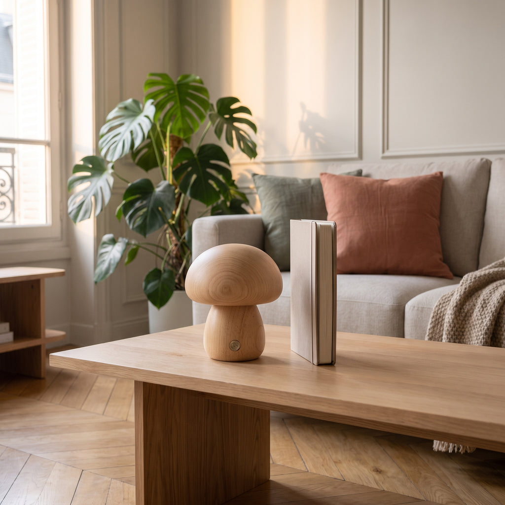 Lampe champignon en bois clair, petit modèle, posée près d'un carnet sur une table basse