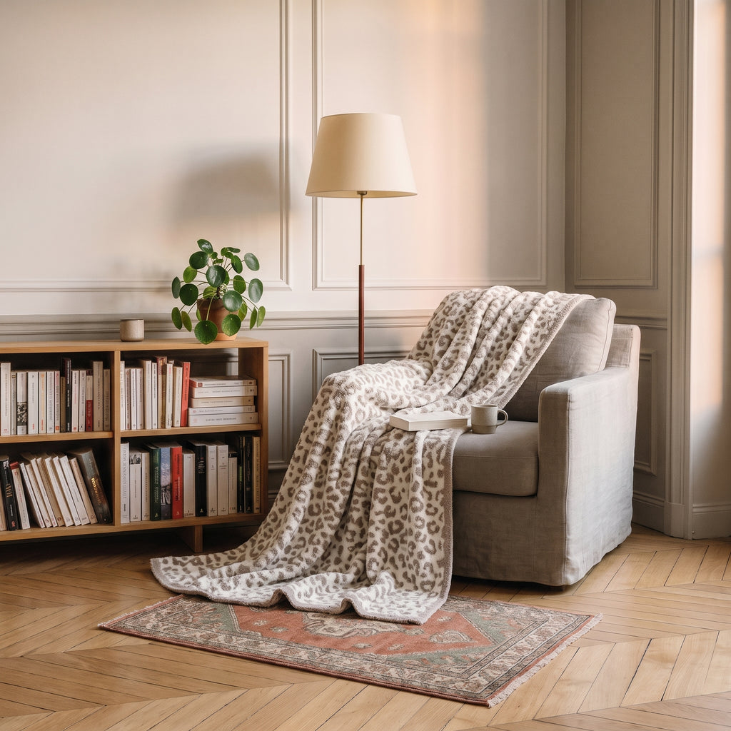 Plaid léopard beige posé sur un fauteuil de lecture