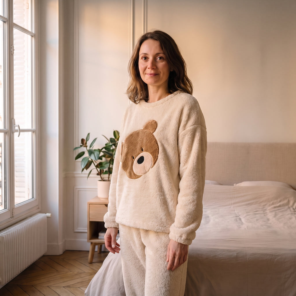 Femme portant le pyjama d'hiver beige grand ours dans une chambre lumineuse