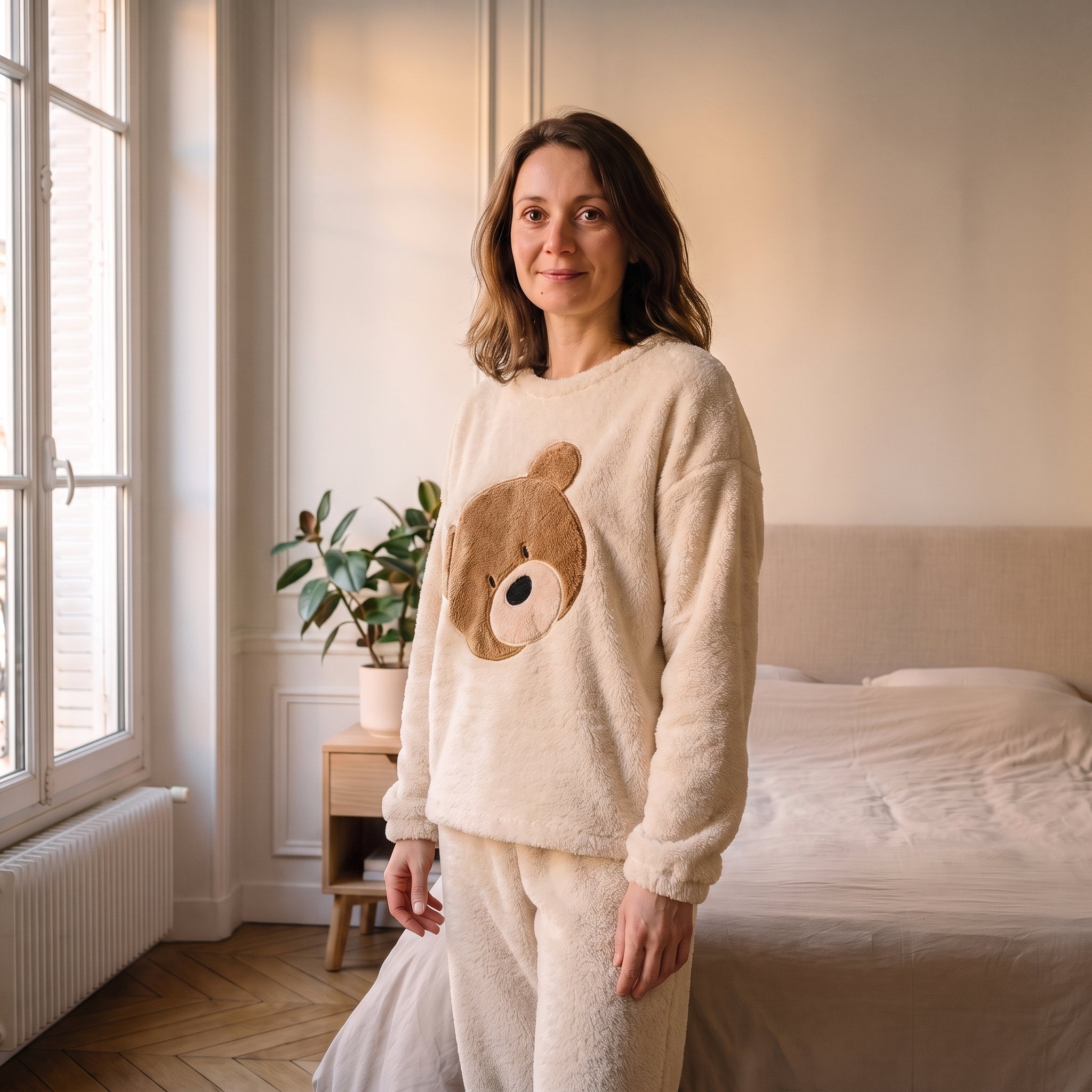 Femme portant le pyjama d'hiver beige grand ours dans une chambre lumineuse Image