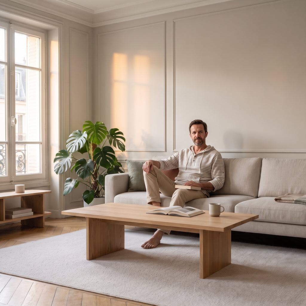 Sweat à capuche rayé beige, mise en situation dans le salon