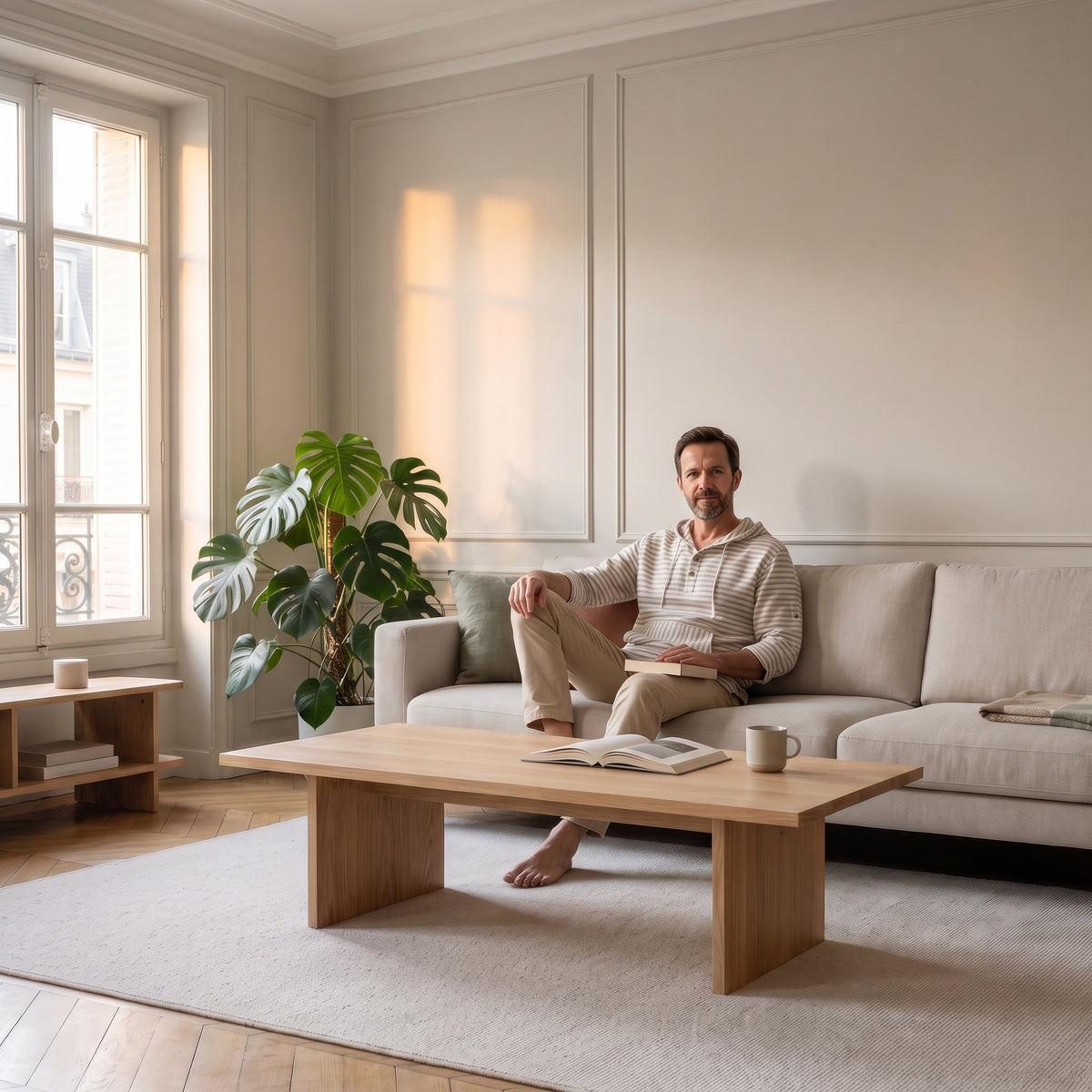 Sweat à capuche rayé beige, mise en situation dans le salon