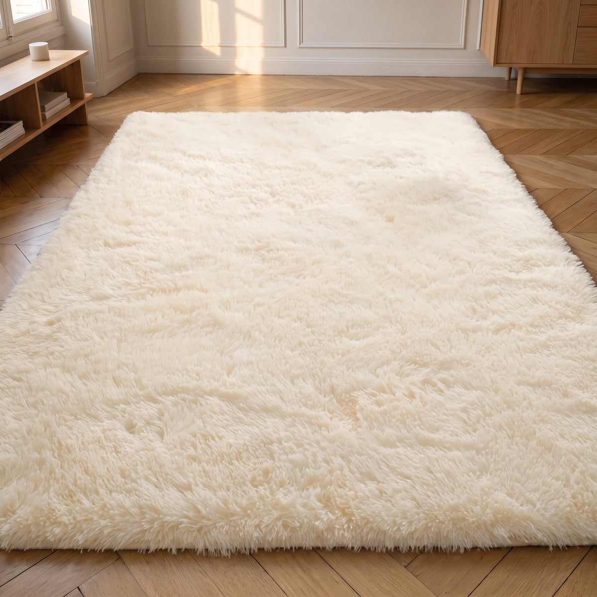 Tapis en fausse fourrure beige vu à plat, le rectangle entier dans le cadre