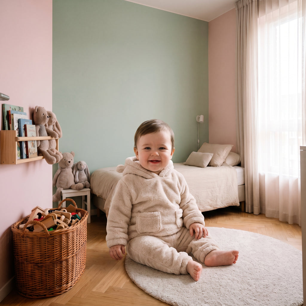 Bébé assis portant l'ensemble pyjama peluche beige à capuche ours