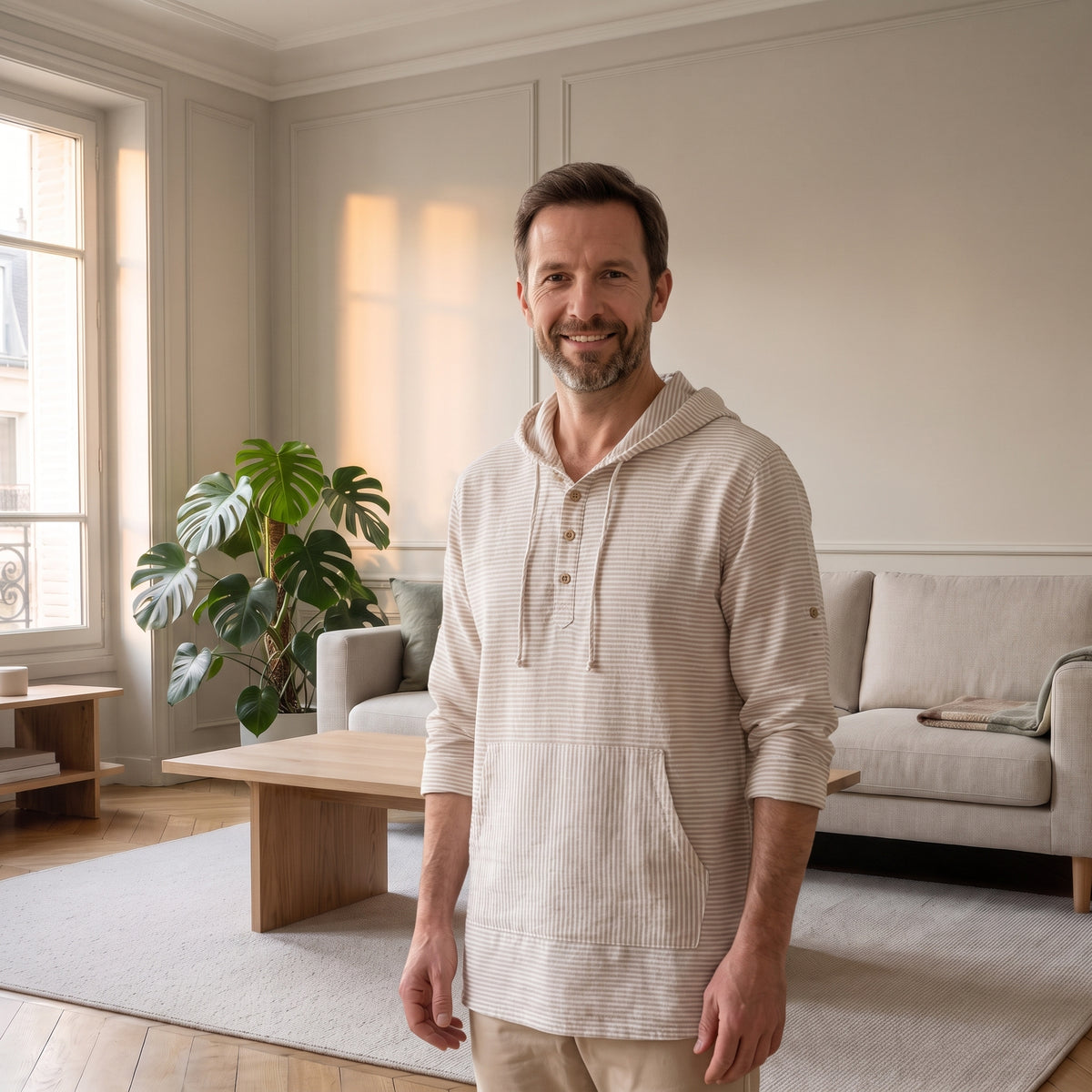 Sweat à capuche rayé beige porté par un homme