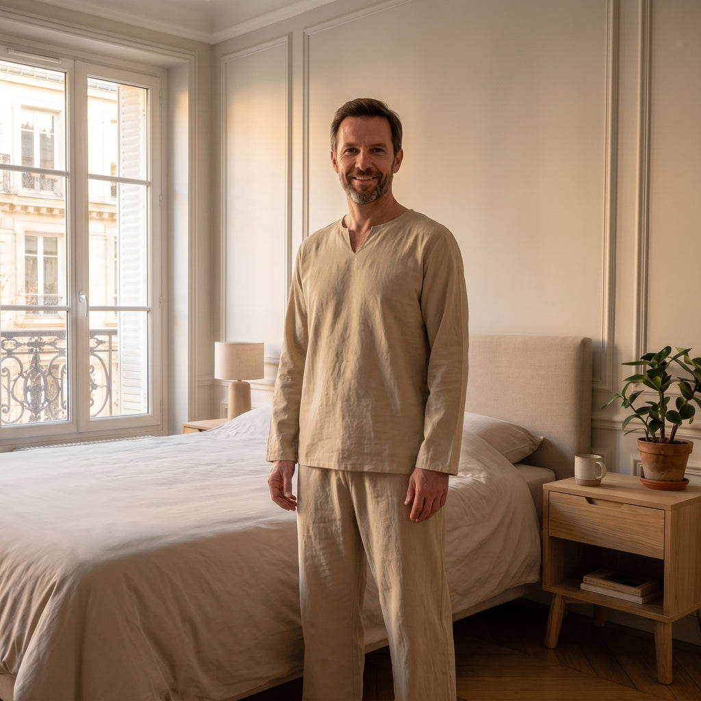 Pyjama homme beige ample porté dans une chambre lumineuse