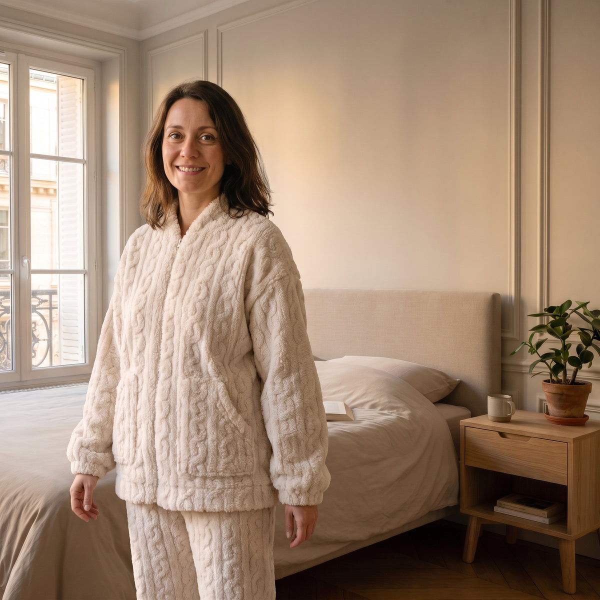 Pyjama polaire femme beige ample porté avec poches plaquées