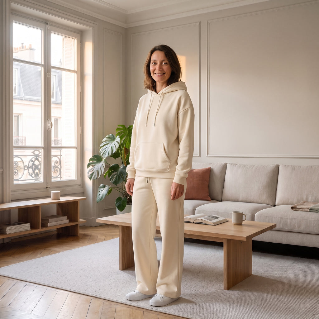 Ensemble jogging femme beige porté dans un intérieur lumineux