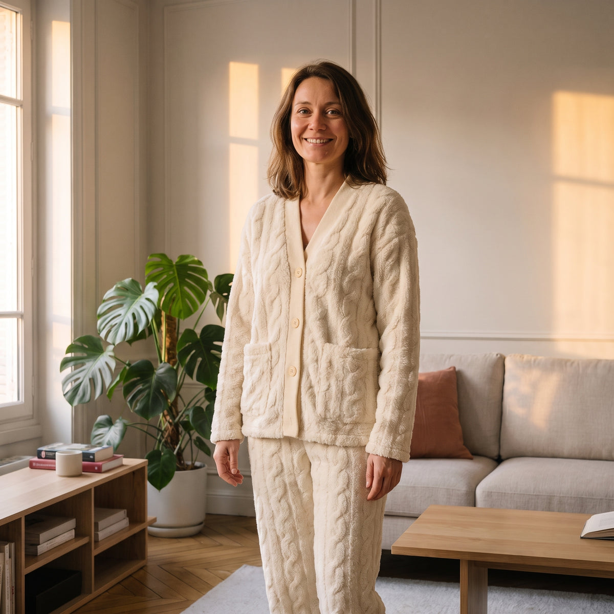 Ensemble cocooning femme beige avec cardigan à trois boutons dans un salon lumineux