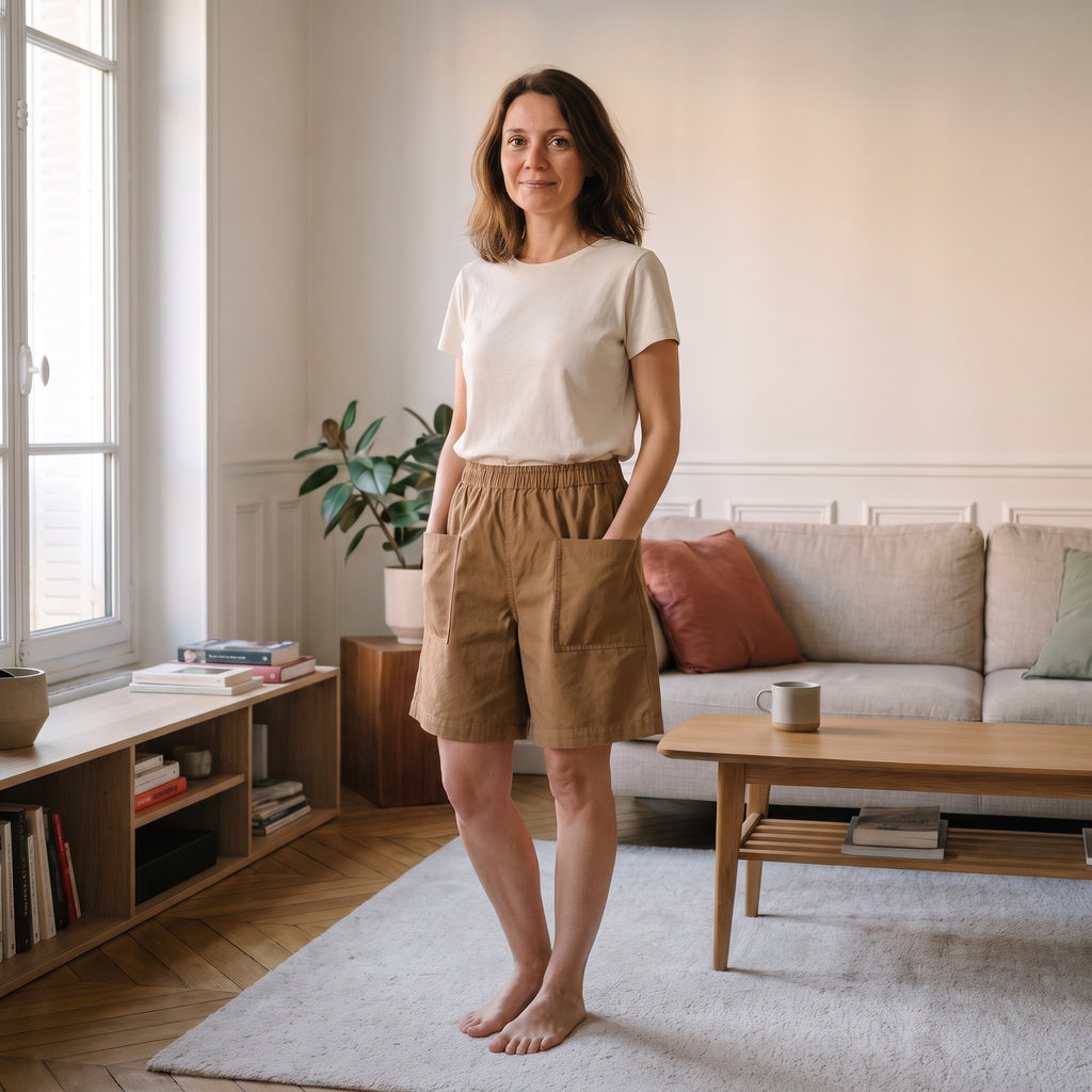 Short femme ample beige porté en pied