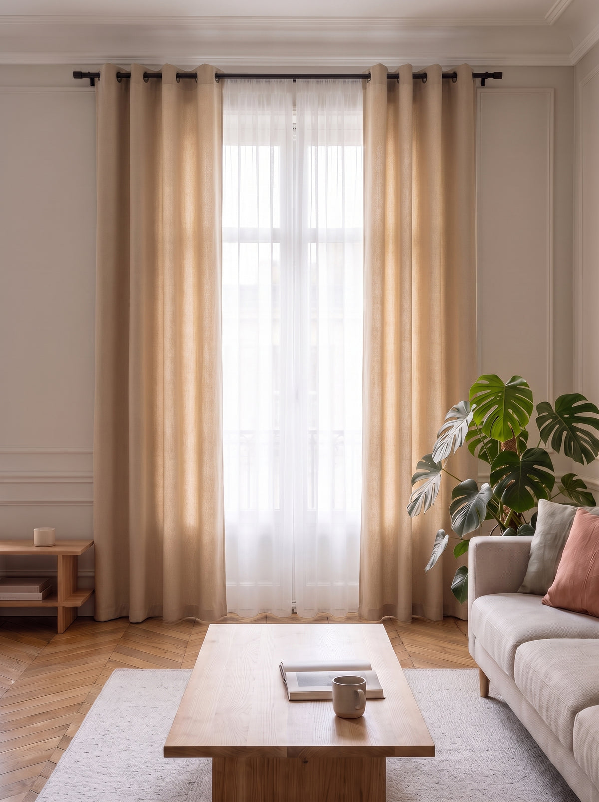 Rideau uni occultant beige sable ouvert de chaque cote d une fenetre de salon
