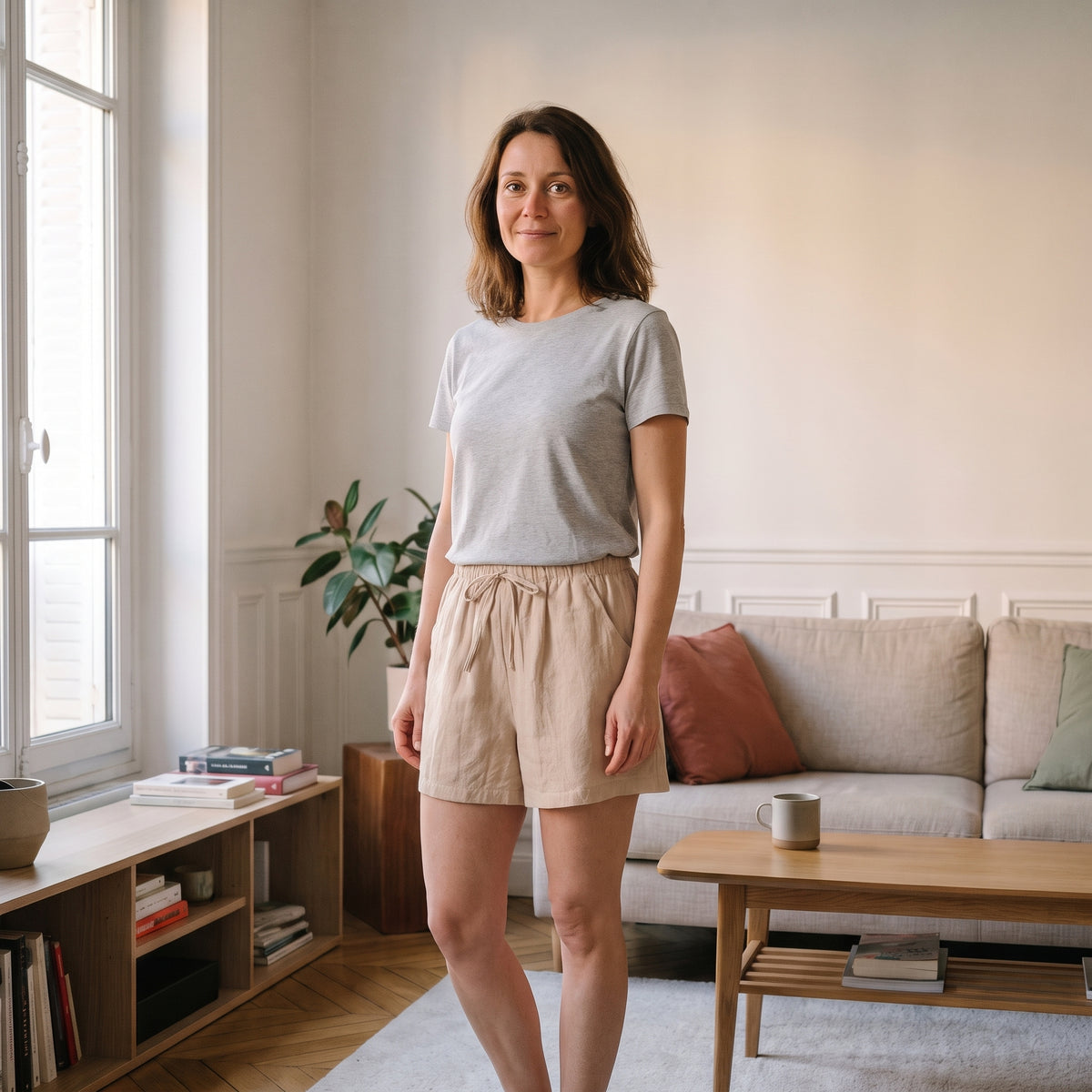 Short femme en coton et lin beige porté dans un salon