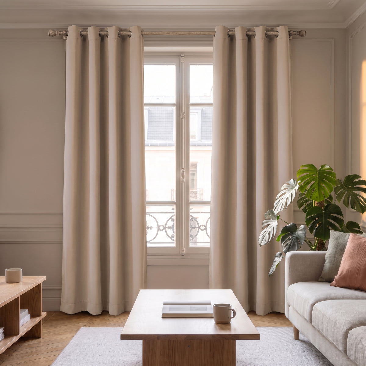 Rideau occultant beige dans son intérieur