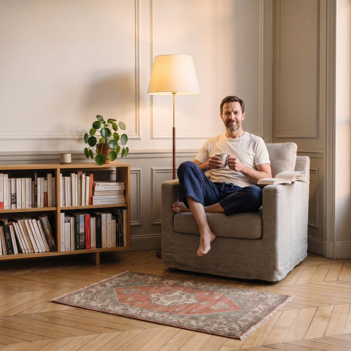 Homme en pantalon d'intérieur en gaze de coton assis dans le fauteuil de lecture Image